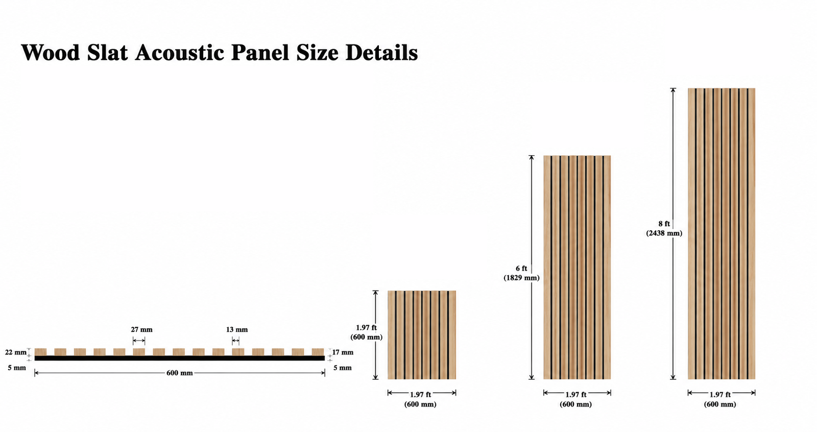 Wood Slat Acoustic Panel size details and dimensions chart