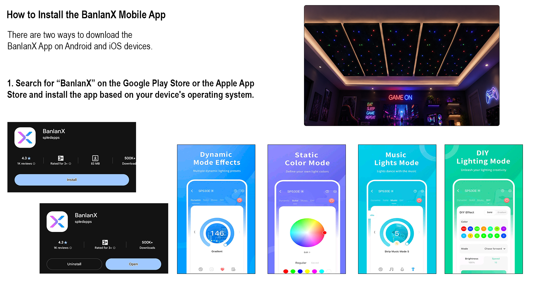 BanlanX mobile app installation and star ceiling lighting modes
