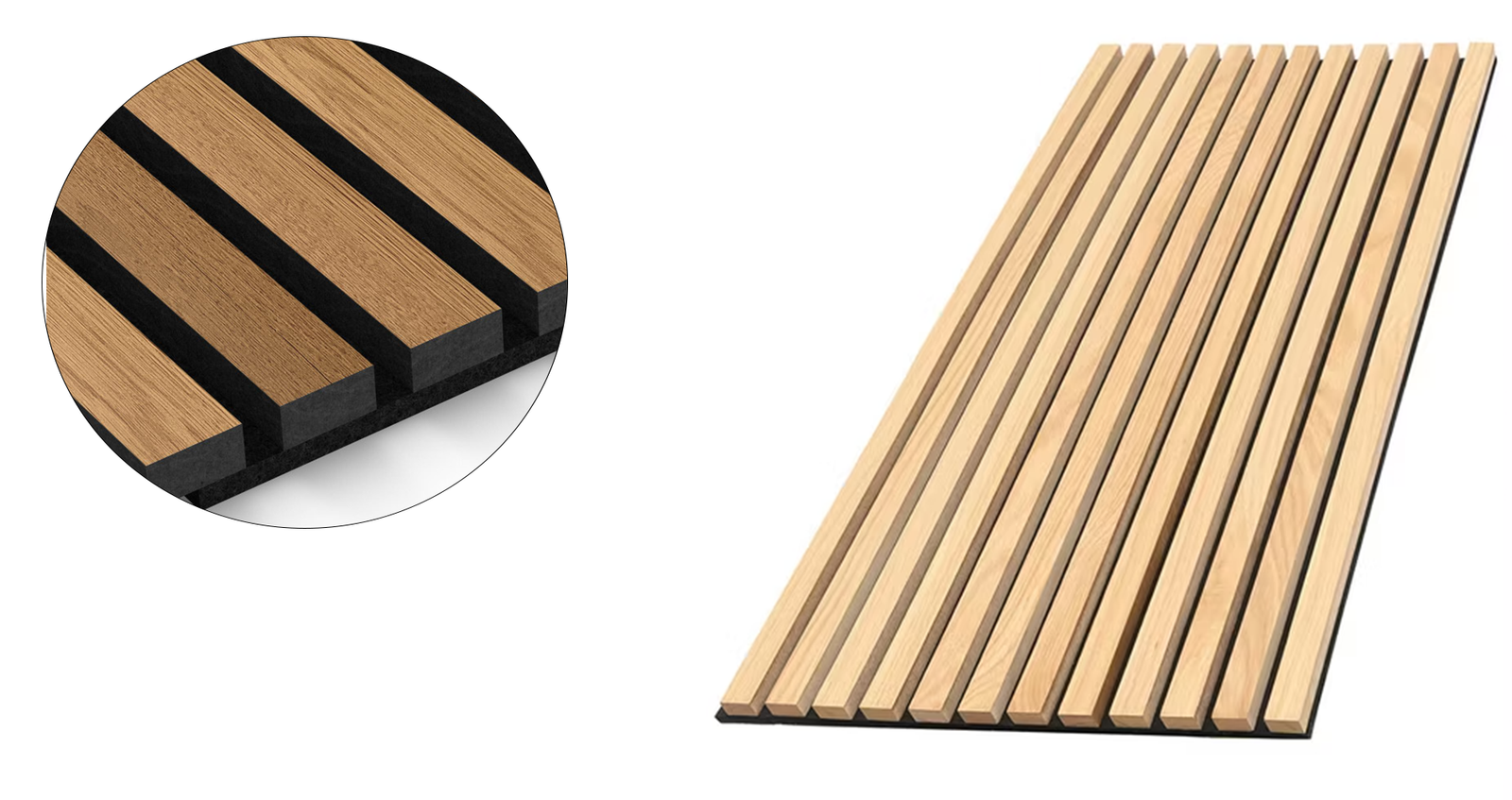 Close-up structure of wood slat acoustic panel with felt backing